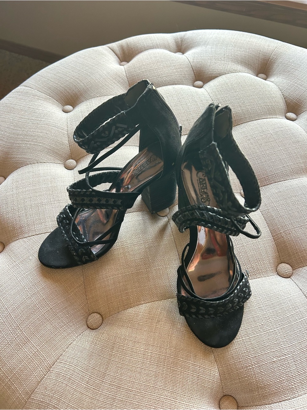 Carlos by Carlos Santana Black Braided Strappy Block Heel Sandals